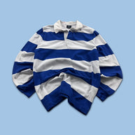 VINTAGE Y2K STRIPED LONG SLEEVE RUGBY POLO SHIRT WHITE / BLUE