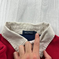 VINTAGE Y2K NAUTICA STRIPED LONG SLEEVE RUGBY POLO SHIRT RED / NAVY