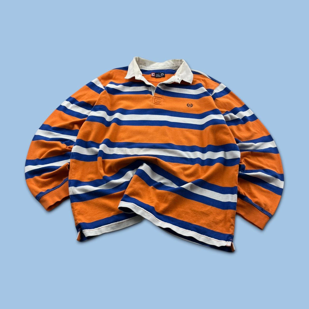 VINTAGE Y2K CHAPS STRIPED LONG SLEEVE RUGBY POLO SHIRT ORANGE